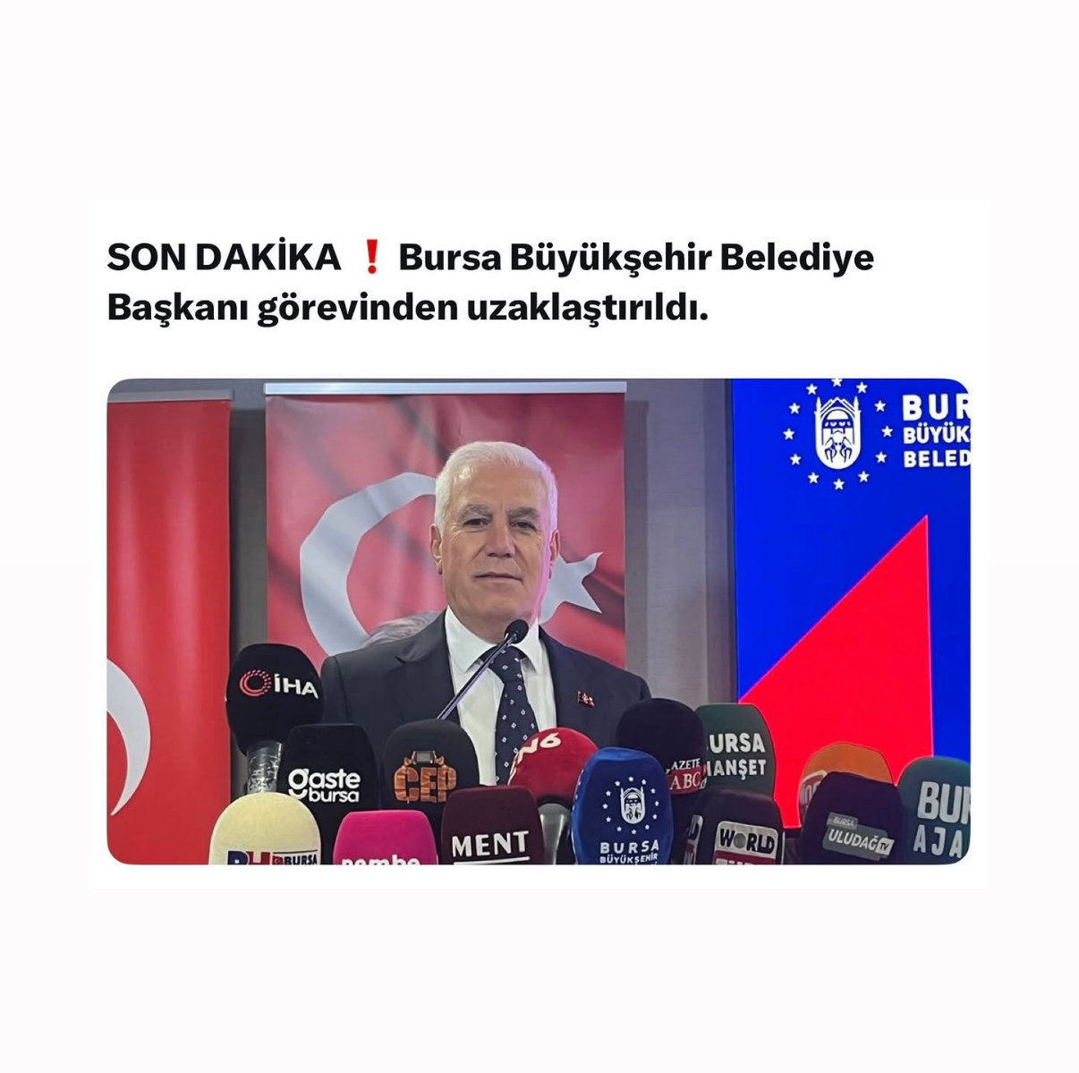 Bursa Büyükşehir Belediye Başkanı Mustafa BOZBEY İçişleri Bakanlığınca Görevinden Uzaklaştırıldı